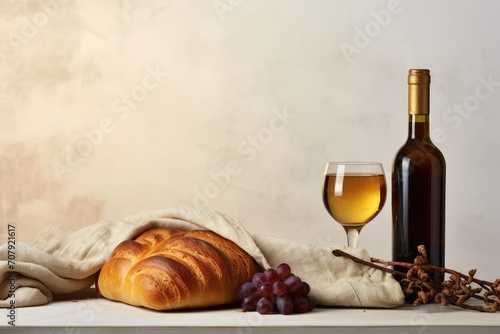 Traditional challah bread and Jewish symbols on a light background banner for design. photo
