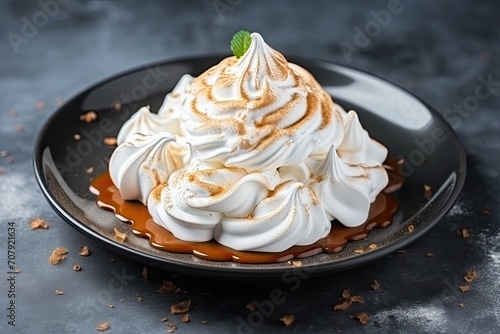 Sweet white meringue, a traditional French dessert made with whipped eggs and sugar, baked on a concrete surface