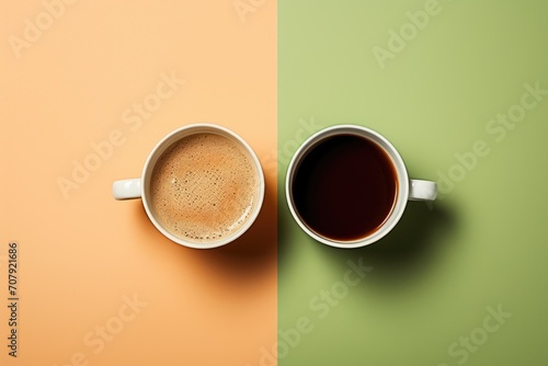 Coffee and green tea in two cups against a beige backdrop.