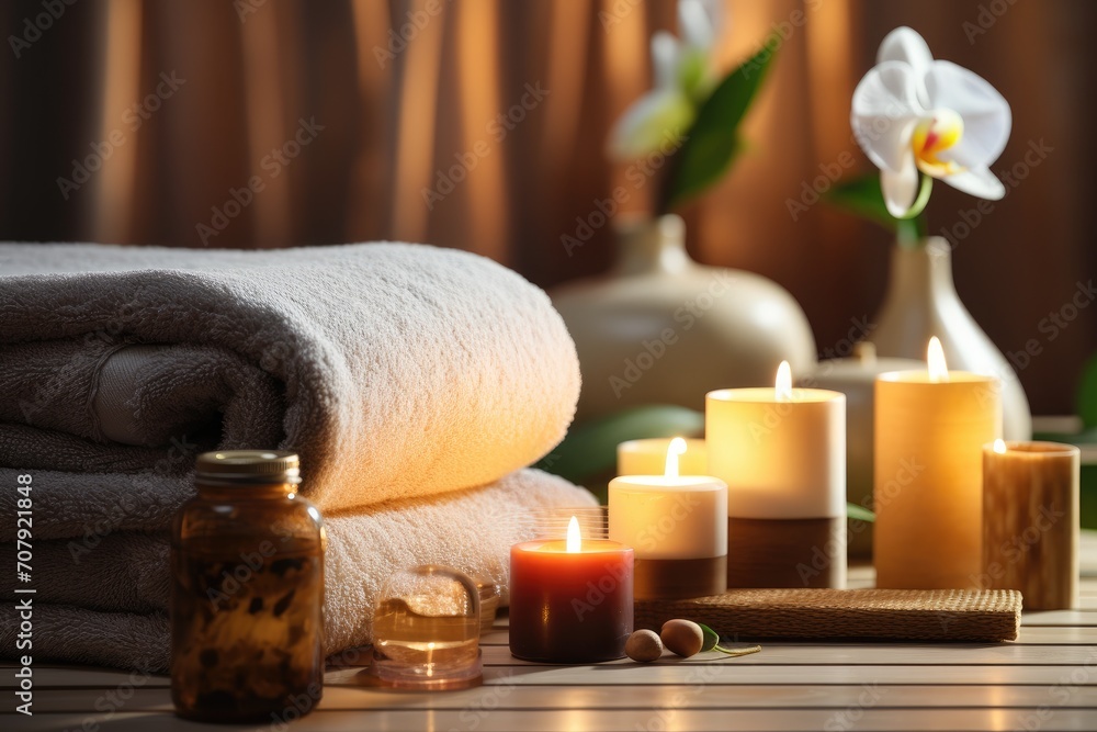 Candles, towels, and part of a massage table in a wellness and spa setting.