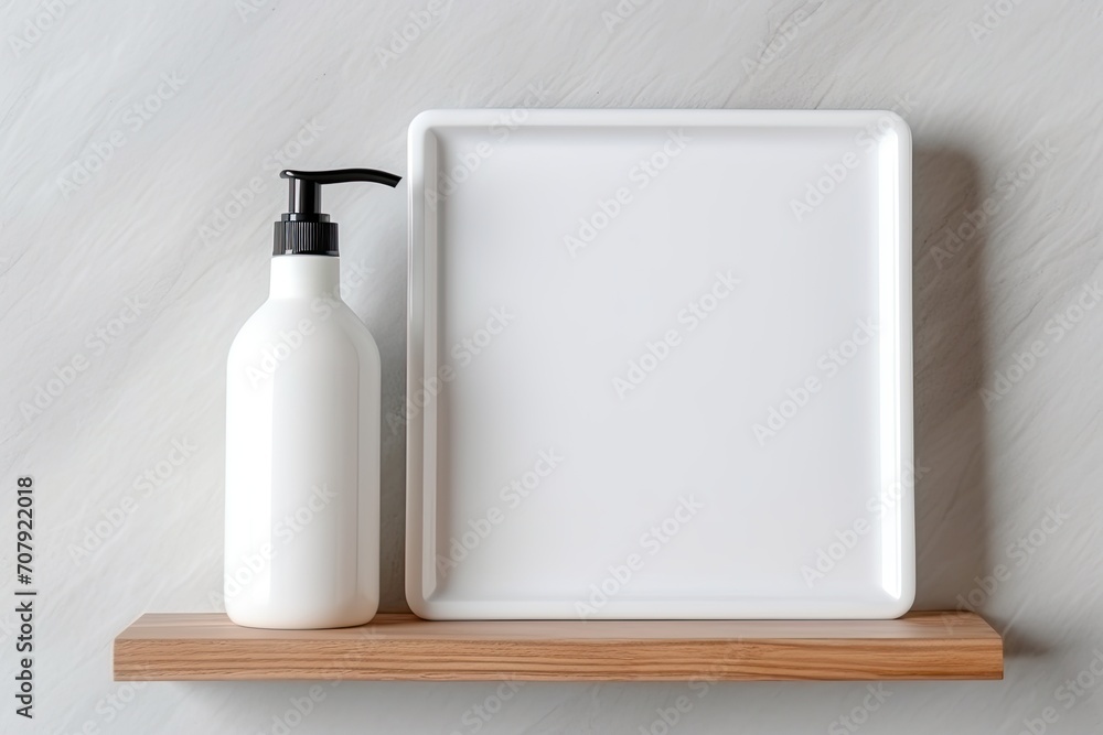 Top view of white plastic shampoo and conditioner bottle with pump mock up on white background, accompanied by wood tray and comb. - obrazy, fototapety, plakaty 