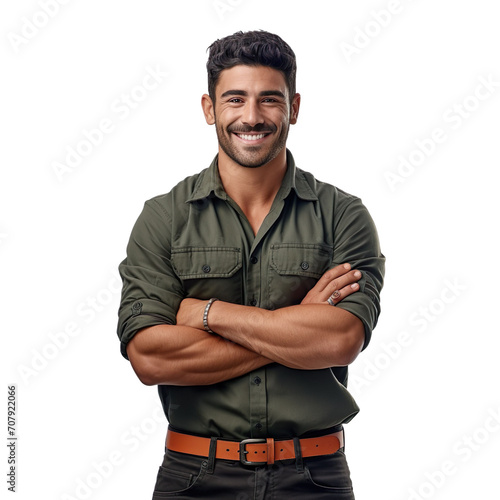 Front view of an extremely handsome Latin male model dressed as a Mechanic smiling with arms folded, isolated on a white transparent background
