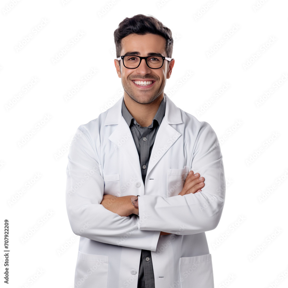 Front view of an extremely handsome Latin male model dressed as a Scientist smiling with arms folded, isolated on a white transparent background Front view of an extremely handsome Latin male model dressed as a Scientist smiling with arms folded, isolated on a white transparent background
