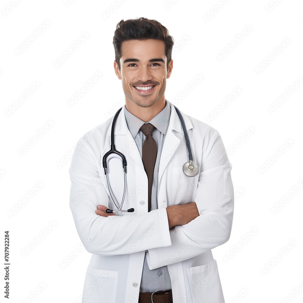 Front view of an extremely handsome Latin male model dressed as a Veterinarian smiling with arms folded, isolated on a white transparent background