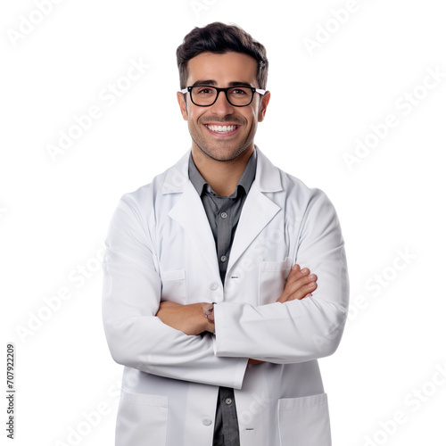 Front view of an extremely handsome Latin male model dressed as a Scientist smiling with arms folded, isolated on a white transparent background © CrazeePixelINC