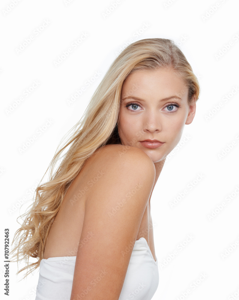 Woman, portrait and beauty with shampoo in studio for hair care, keratin treatment and cosmetics shine. Model, person and mockup space with skincare, collagen texture or hairstyle on white background Woman, portrait and beauty with shampoo in studio for hair care, keratin treatment and cosmetics shine. Model, person and mockup space with skincare, collagen texture or hairstyle on white background
