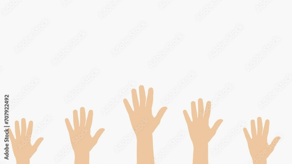 Animation of raising cartoon hands. Raising hands and waving hands to vote. Green background for chroma key use Animation of raising cartoon hands. Raising hands and waving hands to vote. Green background for chroma key use
