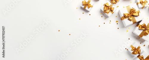 Festive gift box as a bonus compliment with gold ribbon isolated on white background