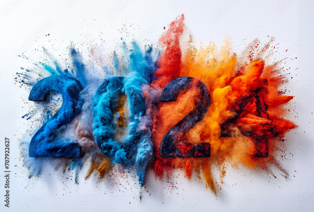 colorful dust explosion 2024 for holi festival background and banner isolated on white - obrazy, fototapety, plakaty 