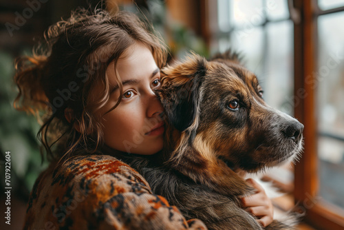 A pretty girl hugs the dog at home