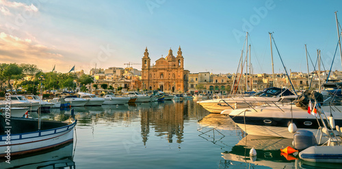Panoramic view of marina boats and catholic church in Msida. Valletta, Malta photo