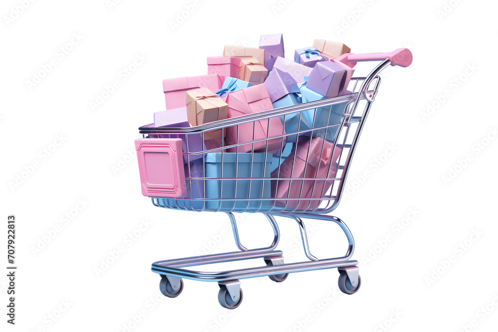 Shopping cart with gifts and balloons isolated on transparent background	
