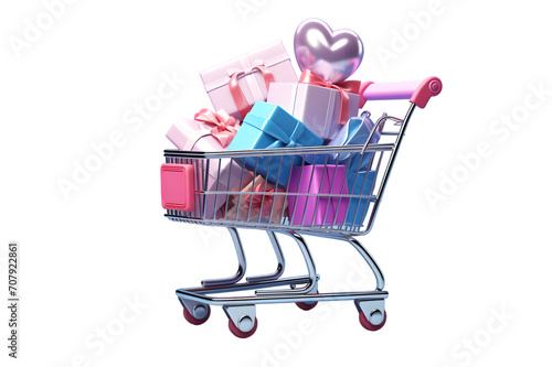 Shopping cart with gifts and balloons isolated on transparent background 