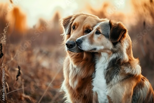 A cute couple of dog in love in romantic background with copy space.