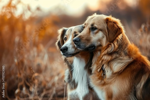A cute couple of dog in love in romantic background with copy space.