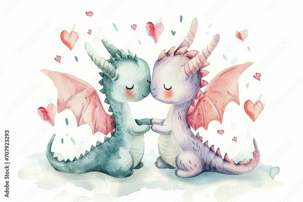  two little dragons, st valentine day, watercolor, white background - obrazy, fototapety, plakaty 