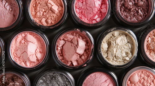 Foto Array of crushed eyeshadows in various shades, displayed in open round containers against a dark background