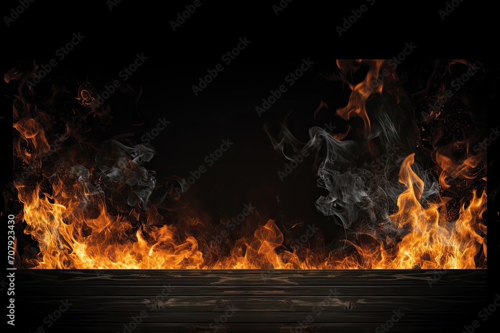 Wood top separates 1-2 sections on black fire background - ideal for showcasing or montaging products. Wood top separates 1-2 sections on black fire background - ideal for showcasing or montaging products.