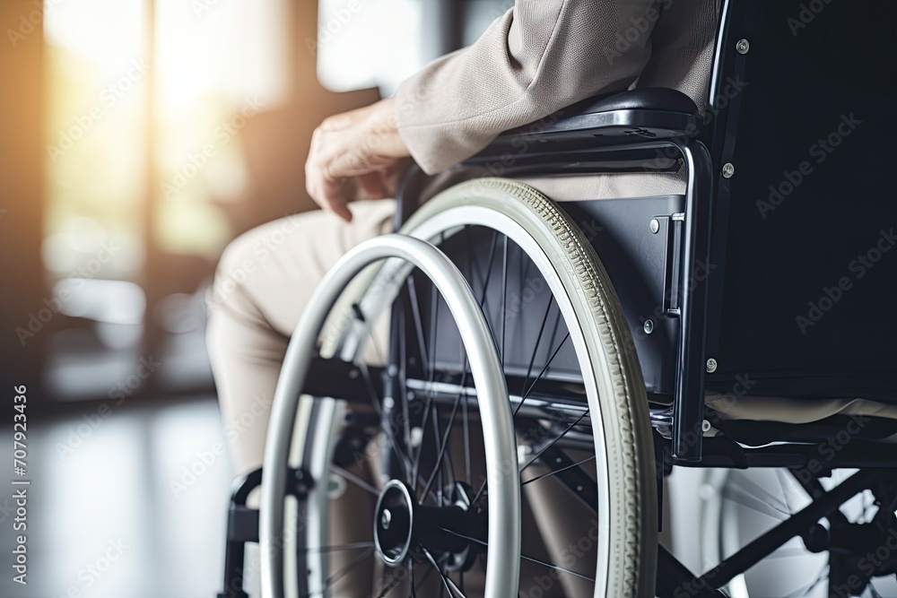 Obraz premium Unidentified person's hand next to office desk, woman in wheelchair, close-up.