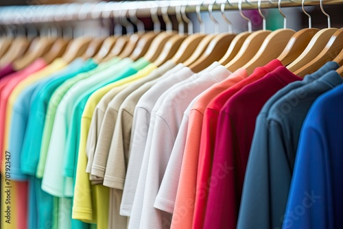 Close-up of women's T-shirts, hanging on hangers in a store, with selective sharpening.