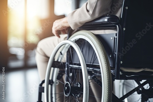 Unidentified person's hand next to office desk, woman in wheelchair, close-up.