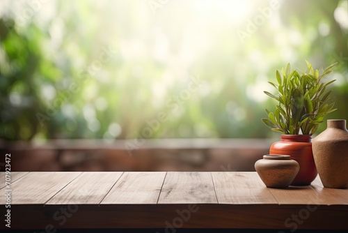 Blurred spa window background with wooden tabletop and copy space.