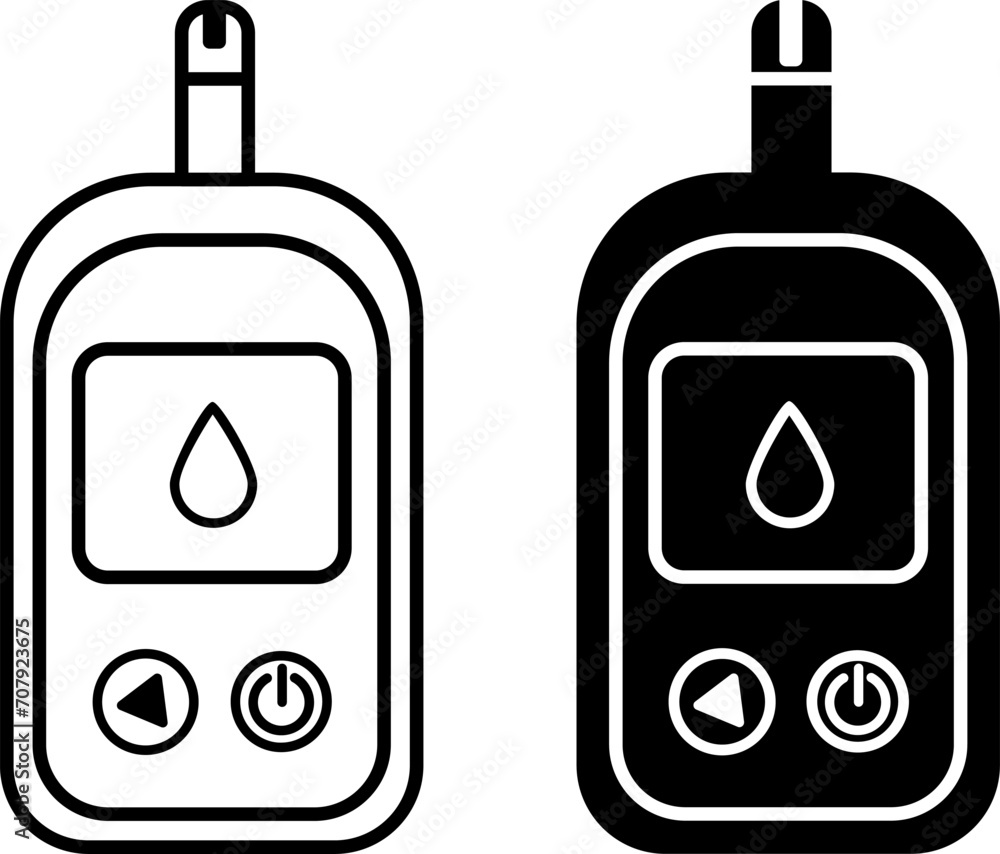 Obraz premium Medical Glucometer Icons. Black and White Icons. Blood Sugar Monitoring System. Medical Equipment for Diabetes Diagnostics. Vector illustration