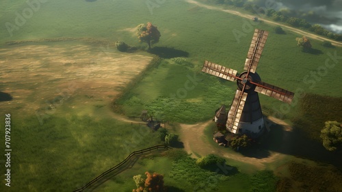 An old windmill in the Europa fields from above.