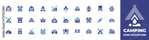 Camping icon collection. Duotone color. Vector and transparent illustration. Containing tent, lantern, camping, camping tent, camp, tool, picnic table, backpack, fire, buildings, basket, flashlight.