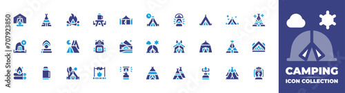 Camping icon collection. Duotone color. Vector and transparent illustration. Containing bonfire, tent, camping tent, jaima, camp, camping gas, no camping, camping, picnic table, backpack, teepee.