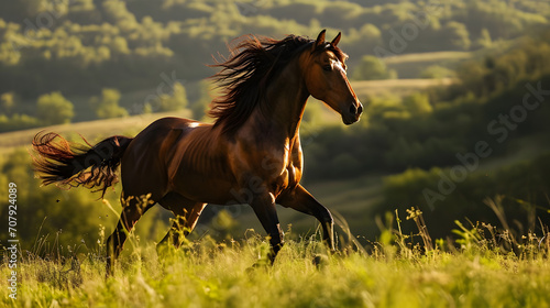Majestic Bay Horse Galloping in Golden Sunset Light Countryside Scenery