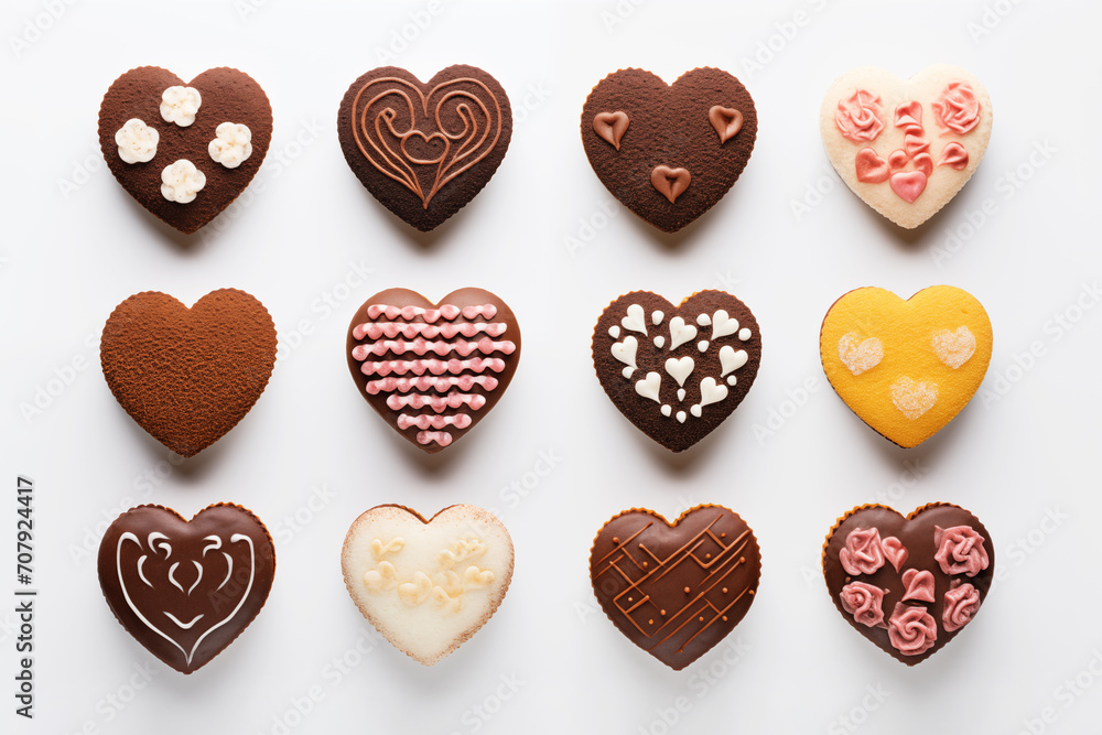 Sweet cakes in form of hearts on white background. Sweet cakes in form of hearts on white background.