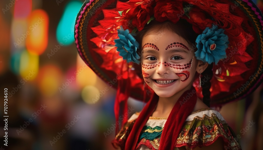 Smiling girl in traditional costume enjoys outdoor festival with friends generated by AI