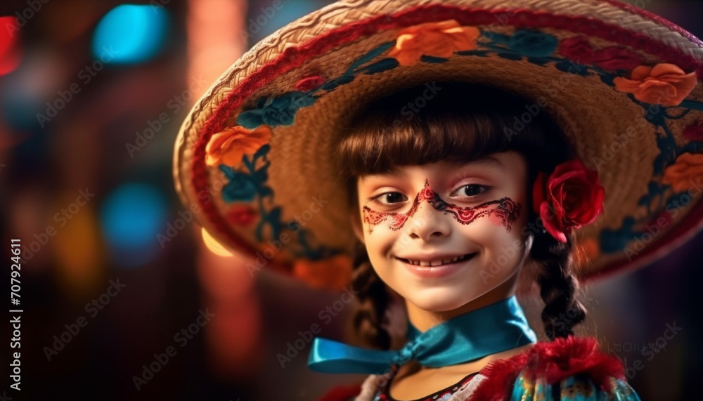 A cute, cheerful girl smiling, celebrating a traditional festival outdoors generated by AI A cute, cheerful girl smiling, celebrating a traditional festival outdoors generated by AI