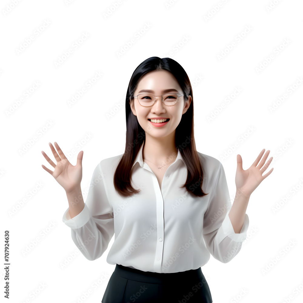 asian Women announcer with pleasant and persuasive face speaking to the camera wearing white suit asian Women announcer with pleasant and persuasive face speaking to the camera wearing white suit