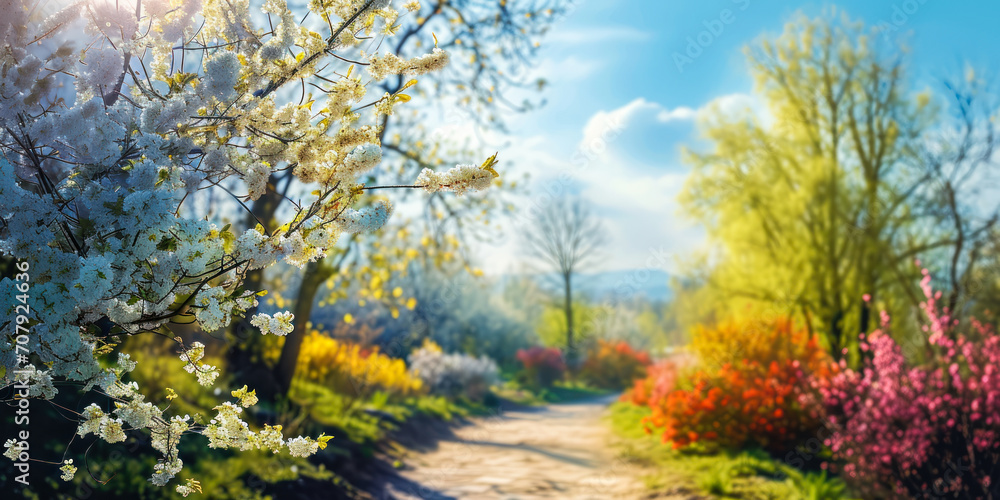 Dreamy ultra-wide spring landscape with soft-focus flowering willow branches swaying over a pathway, against a vibrant garden and sky