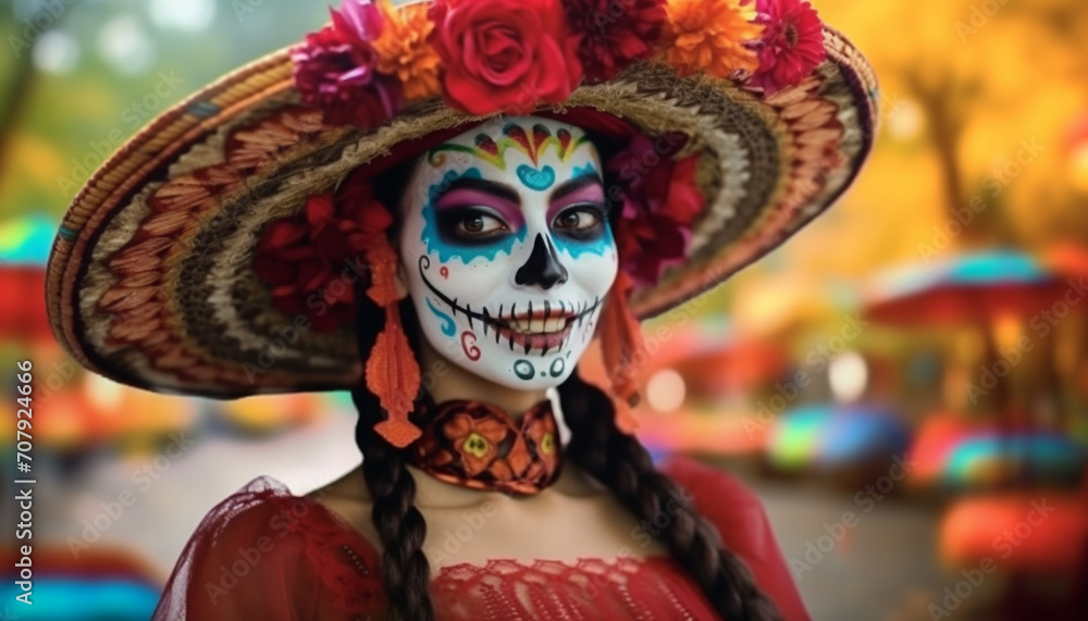 Φωτογραφία Smiling woman in traditional Mexican costume celebrates Day of the Dead generate