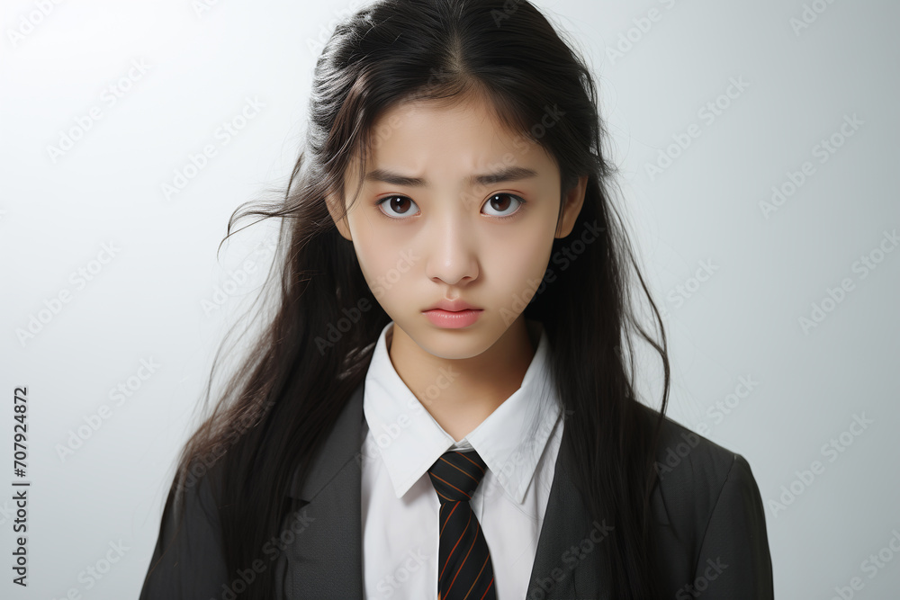 Portrait of unhappy asian teenage school girl on gray background. Portrait of unhappy asian teenage school girl on gray background.