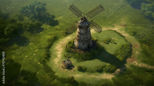 An old windmill in the Europa fields from above.