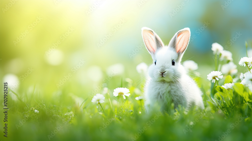 Fluffy white bunny on green grass field spring meadow. Happy Easter concept Fluffy white bunny on green grass field spring meadow. Happy Easter concept
