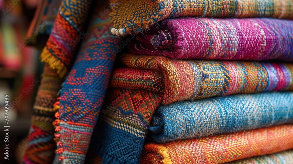 Richly colored woven textiles showcasing intricate patterns and cultural artistry.