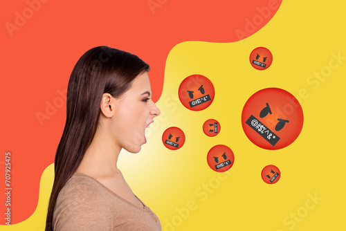 Photo collage image creative poster young shouting girl outraged argument dispute disagreement conflict red angry funny telegram emoji