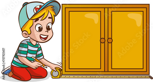 vector illustration of children holding measuring tape and measuring length