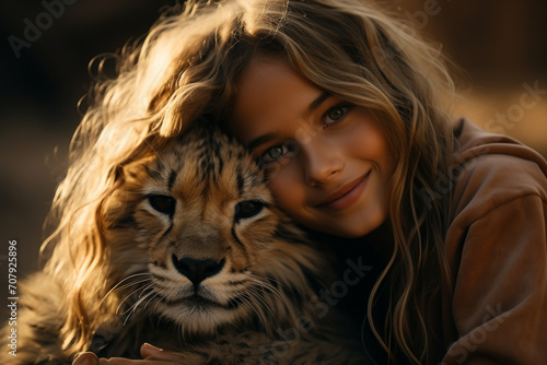 photograph of a passionate girl with little tiger cub