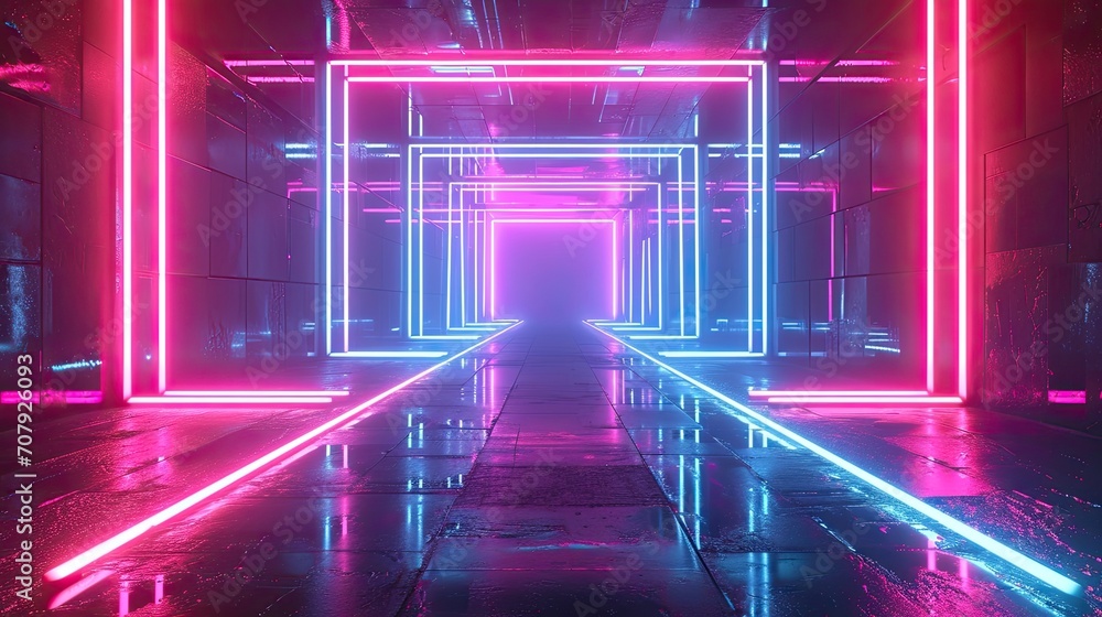 Tunnel made of geometric neon lights, pink and blue colors. Tunnel made of geometric neon lights, pink and blue colors.