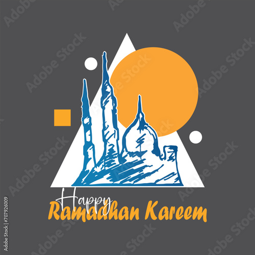 Ramadan Kareem with hand-drawn Islamic Illustration ornament on a triangular background and in gray-white color
