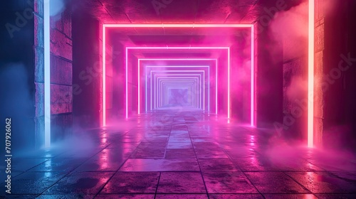 Tunnel made of geometric neon lights  pink and blue colors.