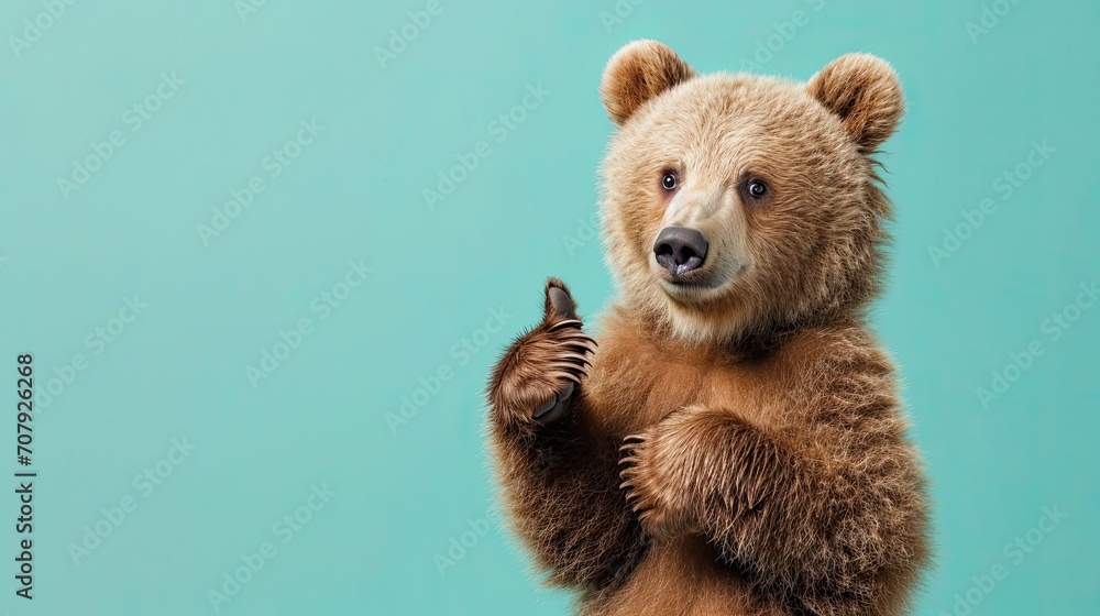 Fototapeta premium Happy bear cartoon style posing happy on green background