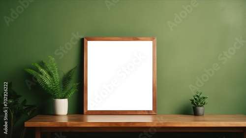 Wood photo frame mockup on green wall background, blank poster template. Minimalistic interior table vase with flowers decor