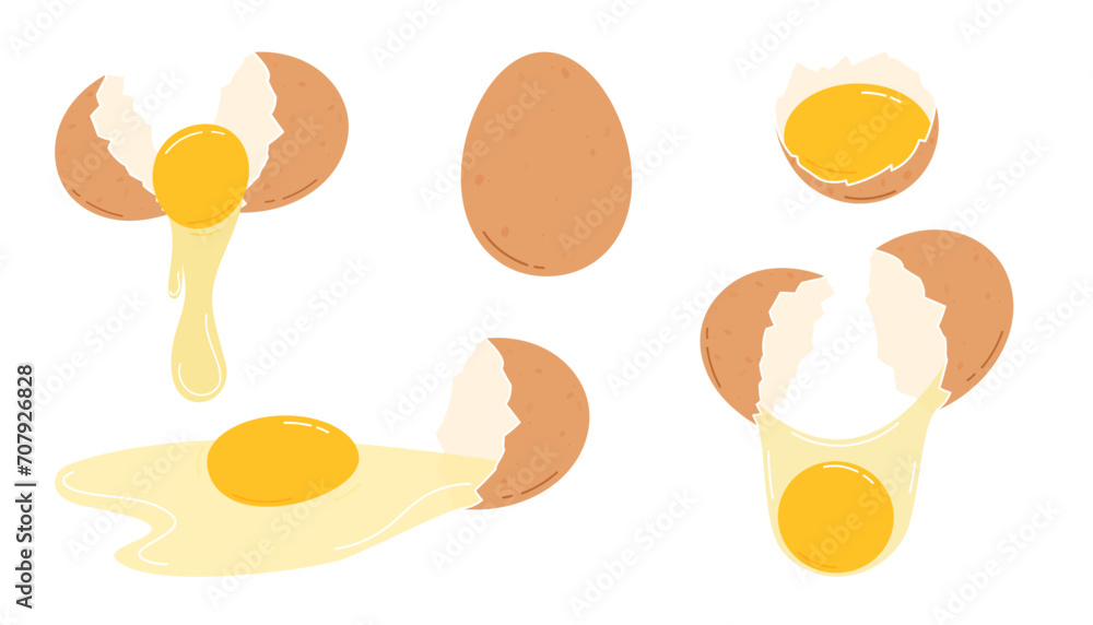 Cracked chicken eggs set. Flat vector illustration isolated on white background